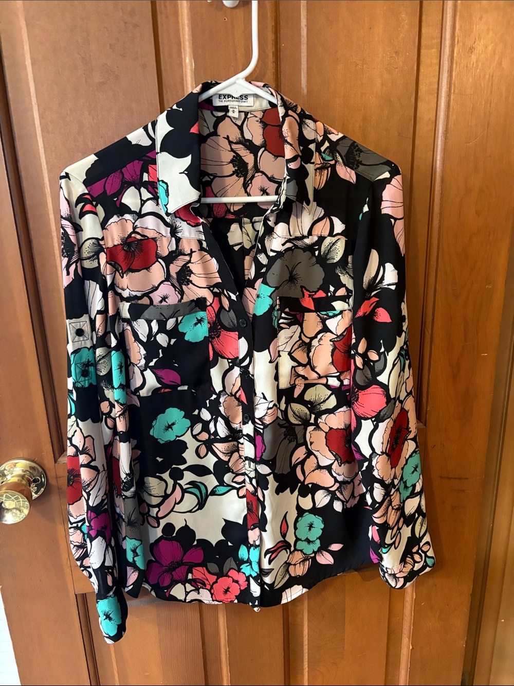 Express Black Floral Button-Down Shirt with Multicolor Blooms